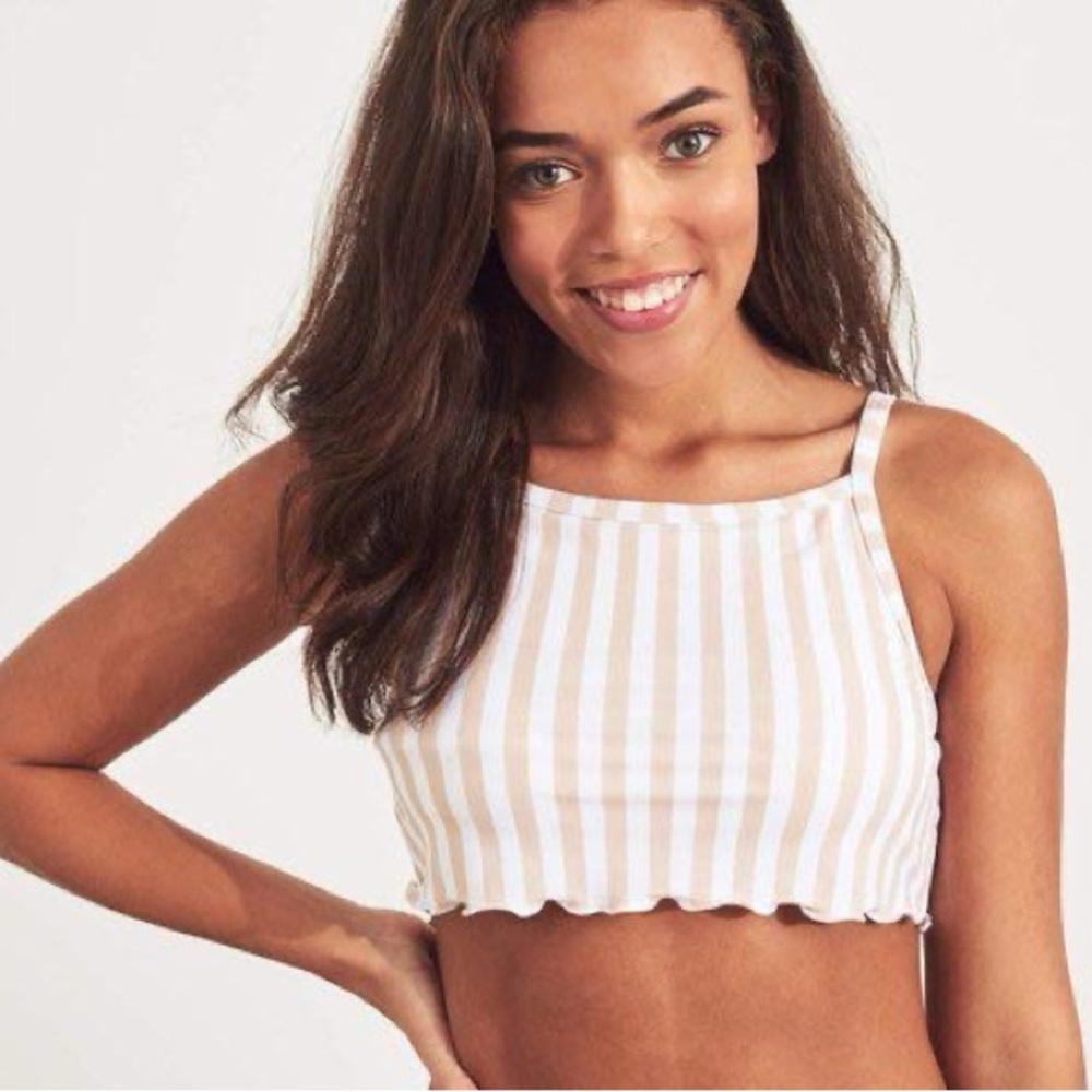 Hollister Swim Tan White Striped Lettuce Edge Bikini Top XL Tan‎ White